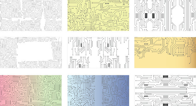 Flat microelectronics circuit board banner isolated on transparent background. The geometric texture of modern digital technology, computer, motherboard, or high-tech technology. Vector eps10