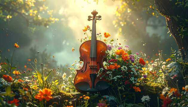 Beautiful violin in a lush garden with colorful flowers and sunlight