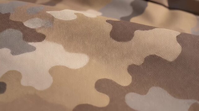 A close-up view of textured fabric with a camouflage pattern in shades of brown and tan