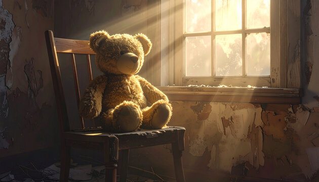 Teddy bear sitting on chair by window in abandoned room