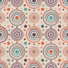 Naklejka premium Retro Abstract Circle Seamless Pattern with Colorful Geometric Rings and Mid Century Modern Style