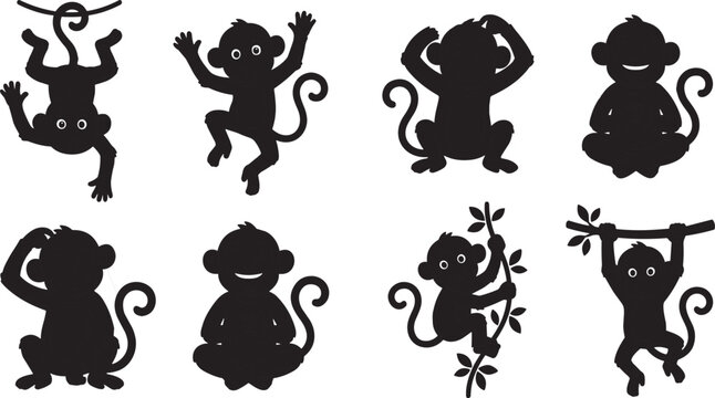 Black silhouette monkey characters collection set with different poses isolated on white background.
