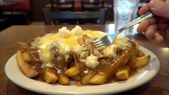A fork lifts cheesy, gravy-covered fries and curds from a plate