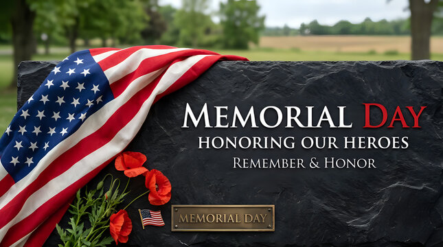 Memorial Day tribute with American flag and poppies on a stone monument