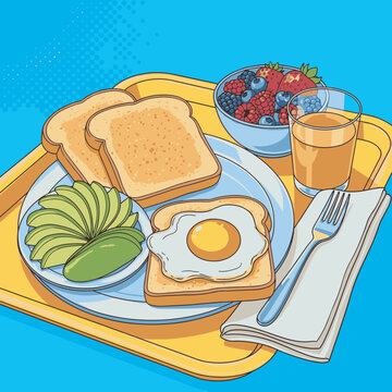 Illustration of a morning breakfast setup with toast, egg, fruit, and juice on a yellow tray indoors