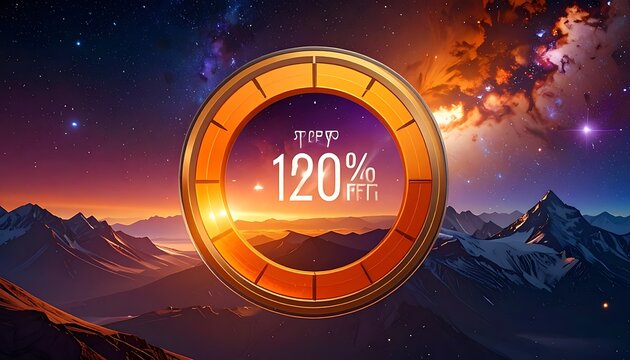A futuristic gauge displaying 120% in a cosmic mountain landscape