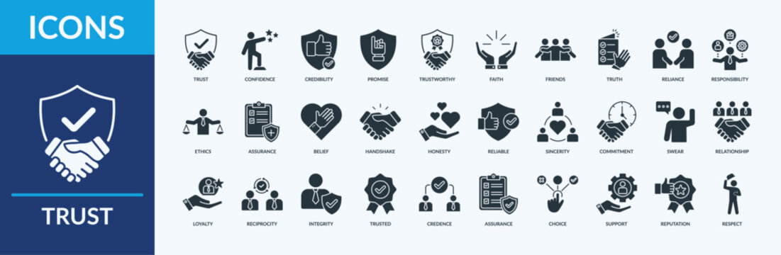 Trust icon set. Thin Glyph Solid Set contains such Icons as confidence, credibility, promise and more. Simple web icons set