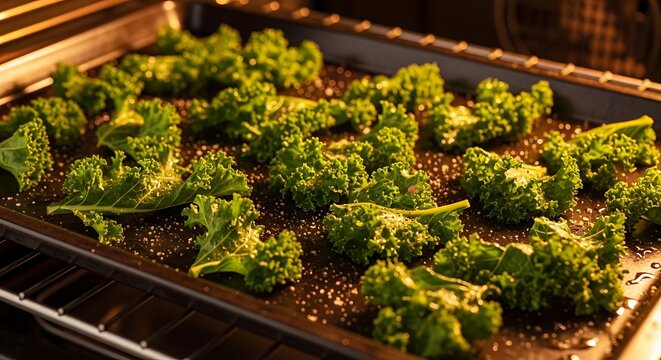 Fresh kale baking in an oven on a sheet pan for a healthy snack