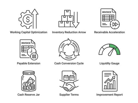 Set of Financial Business Icons Representing Growth and Management