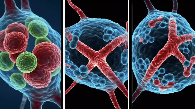 Microscopic view of cells interacting in a biological environment