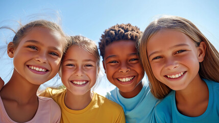Fototapeta premium Four children smile brightly at the camera. They stand close, under clear blue skies. Their joy radiates warmth and friendship. Perfect for family, school, or community projects