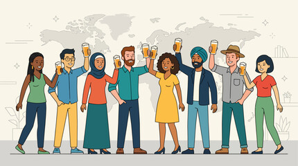Obraz premium A vibrant flat design illustration depicting a diverse group of people from various nations raising their beer glasses in a celebratory global toast, set against a subtle world map backdrop.