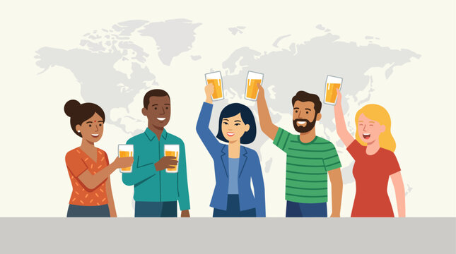 A vibrant flat design illustration depicting a diverse group of people from various nations raising their beer glasses in a celebratory global toast, set against a subtle world map backdrop.