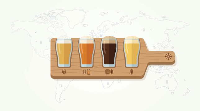 A sleek flat design illustration showcasing a craft beer tasting flight with diverse beer types, subtly hinting at global varieties with a background world map.