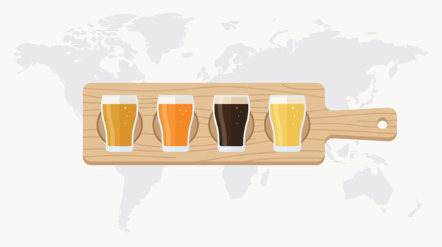 A sleek flat design illustration showcasing a craft beer tasting flight with diverse beer types, subtly hinting at global varieties with a background world map.