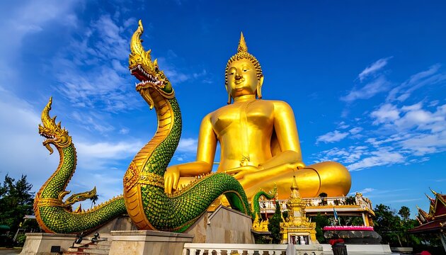 Golden Buddha statue with serpent sculpture.