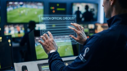 Fototapeta premium VAR Official in Broadcast Center Using Holographic Checklist for Football Match Review