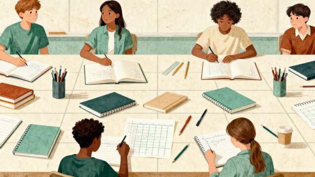 Group of diverse students studying together at wooden table with notebooks and stationery in bright classroom