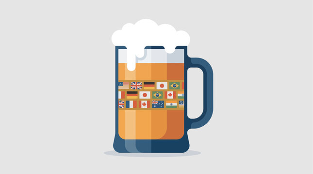 A vibrant flat design illustration of a frothy beer mug, adorned with subtle miniature world flags, symbolizing the international spirit of Beer Day.