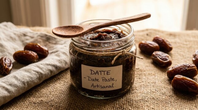A rustic glass jar filled with rich date fruit paste sitting on burlap cloth with a small wooden spoon, featuring whole dried fruits in a warm, cinematic widescreen composition for gourmet food.