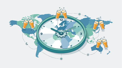 A clever flat design illustration combining a clock face and a world map, showing beer glasses toasting across various time zones for International Beer Day.