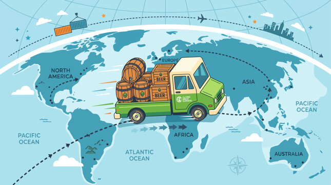 A playful flat design illustration featuring a stylized delivery truck carrying beer, traversing a simplified world map to symbolize global beer distribution for International Beer Day.