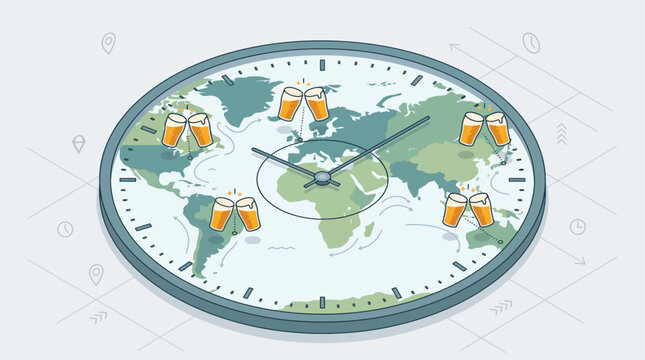 A clever flat design illustration combining a clock face and a world map, showing beer glasses toasting across various time zones for International Beer Day.