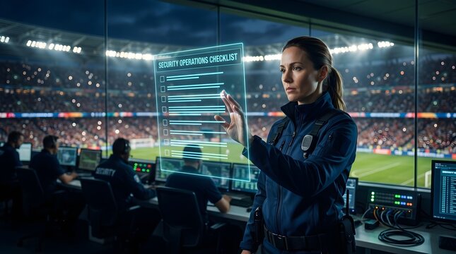 Security Coordinator Overseeing Stadium Operations with Holographic Checklist