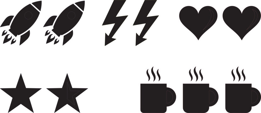 Black silhouette vector collection of game and website interface UI icons isolated on white background.