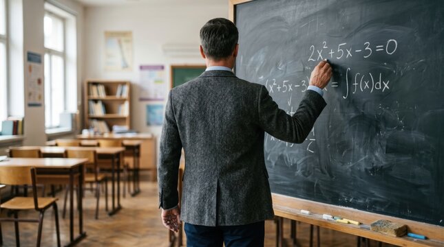Male teacher in gray suit writes mathematical equations on chalkboard in classroom with wooden desks and shelves filled with books and educational materials in the background