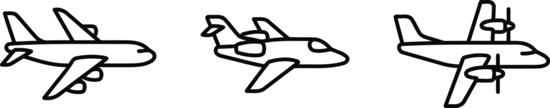 Set of three black line drawings of different airplane models