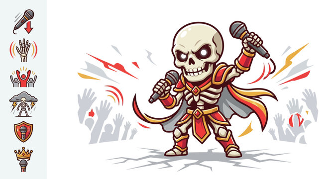 Flat vector character design of an undead skeleton wearing red fantasy armor and a cape, singing into two microphones on stage with crowd silhouettes and related icons.