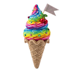 Naklejka premium A colorful, knitted ice cream cone sits on a transparent background. The ice cream is swirled with rainbow colors and topped with a glittery flag and red berries.