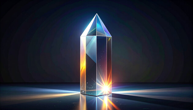 Crystal prism with refracted light beams and rainbow colors
