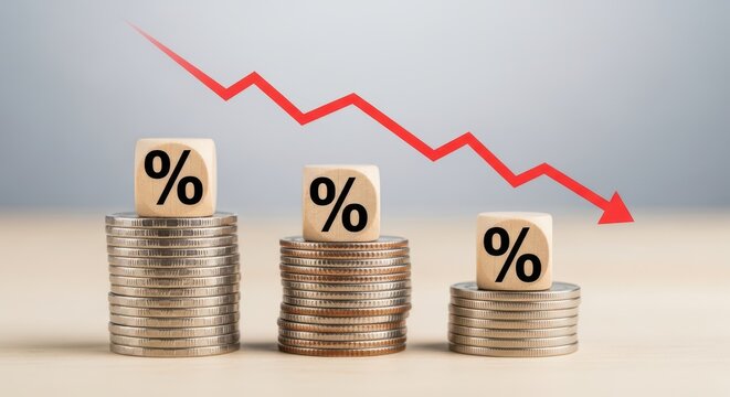 Decreasing interest rates represented by coin stacks and a red arrow
