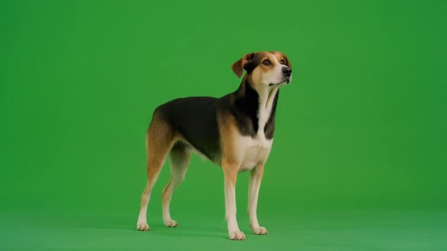 Realistic dog standing and looking around on solid green screen background full body chroma key