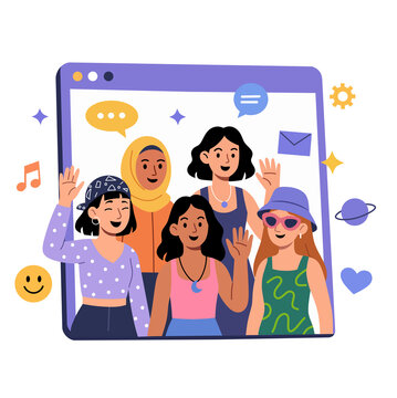 Multiethnic young women group video call browser window flat vector illustration