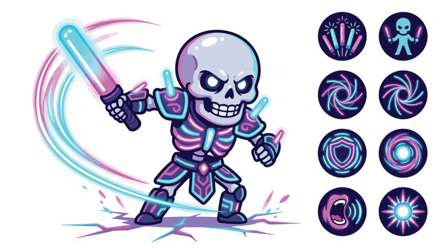 Vector illustration of a cartoon skeleton warrior in neon armor wielding a glowing energy sword with trail effects, including a set of eight circular game skill icons on a white background.
