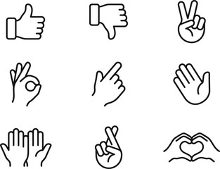 Obraz premium Collection of nine hand gesture icons in black outline style for communication