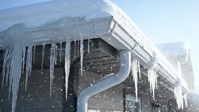 Icy icicles hang from snow-covered eaves and a downspout