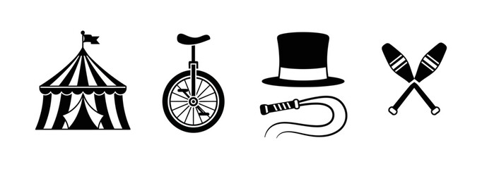 Circus icons including tent, unicycle, top hat, and juggling pins. Vector graphic set representing carnival and performance © ARIF