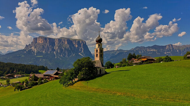 Scenic view of church on green hill