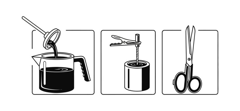 Visual guide illustrating steps for brewing coffee using a French press, including adding grounds, pouring hot water, and pressing the plunger