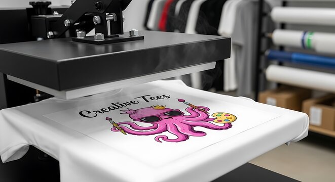 Heat press machine printing a custom design on a white t shirt