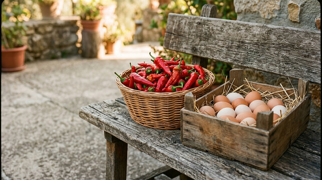 Fresh red chilies and organic eggs on wooden bench