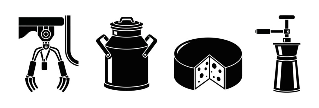Set of icons representing dairy production, including a milking machine, milk can, cheese, and butter churn