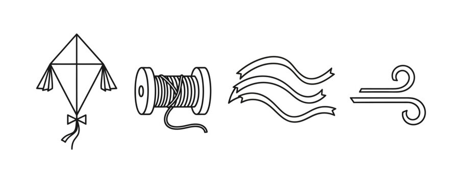 Illustrations of a kite, a spool of thread, and wind represented by arrows