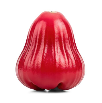 A vibrant red rose apple sits on a transparent background. The apple has a smooth, glossy skin and a distinctive, rounded shape.