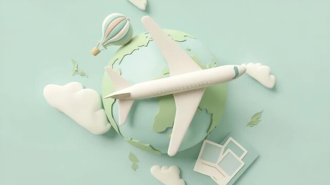 An airplane floats in a soft green sky, surrounded by clouds and a hot air balloon. A passport and pictures symbolize the excitement of upcoming travels and adventures.