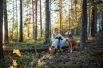 Fototapeta premium Woman talking with dog while resting in woodland after gathering fungi on hiking trip. Happy hiker with Vizsla dog, post foraging relax in nature, outdoor companion animal, bonding with pet